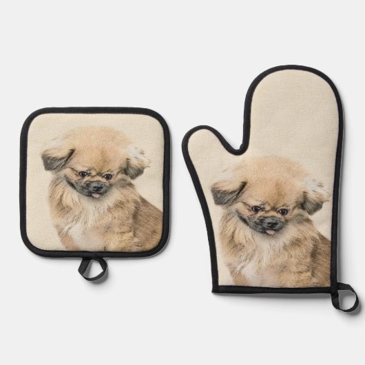 Pekingese Malerei Fawn Niedlich Original Haustier Ofenhandschuh & Topflappen-Set (Vorderseite)