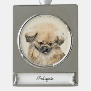 Pekingese Malerei - Niedliche Original Hunde Kunst Banner-Ornament Silber