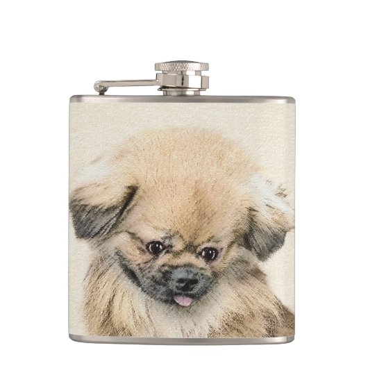 Pekingese Malerei - Niedliche Original Hunde Kunst Flachmann (Vorderseite)