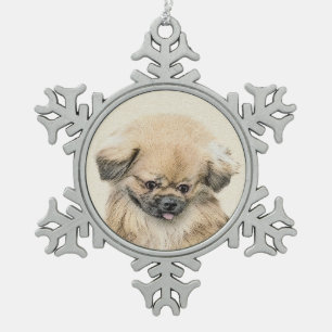 Pekingese Malerei - Niedliche Original Hunde Kunst Schneeflocken Zinn-Ornament