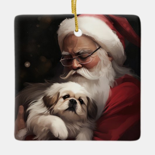 Pekingese mit dem Weihnachtsmann Weihnachten Keramikornament (Vorderseite)