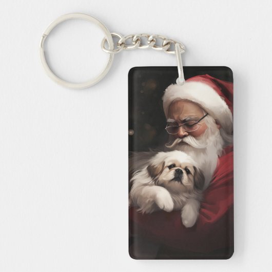 Pekingese mit dem Weihnachtsmann Weihnachten Schlüsselanhänger (Vorderseite)
