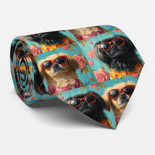Pekingese mit Herz-Rose Valentinstag Krawatte (Gerollt)