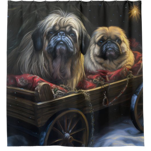 Pekingese Snowy Sleigh Weihnachtsdekor Duschvorhang (Vorderseite)