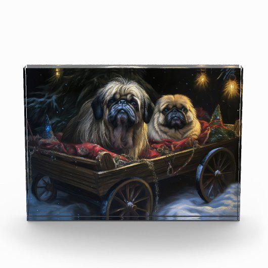 Pekingese Snowy Sleigh Weihnachtsdekor Fotoblock (Vorderseite)