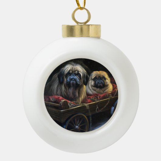 Pekingese Snowy Sleigh Weihnachtsdekor Keramik Kugel-Ornament (Vorderseite)