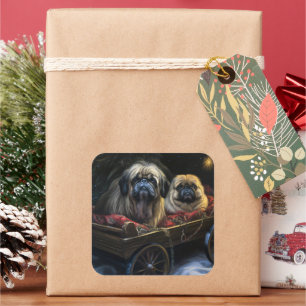 Pekingese Snowy Sleigh Weihnachtsdekor Quadratischer Aufkleber