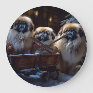 Pekingese Weihnachtsfeiertage Große Wanduhr