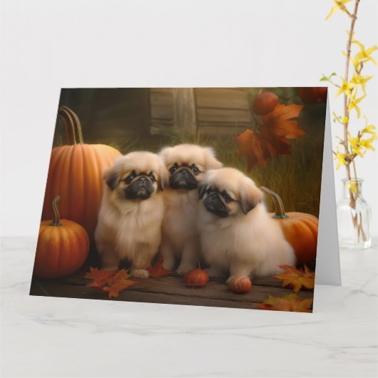Pekingese Welpe Herbst Delight Pumpen Karte (Gelbe Blume)