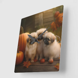 Pekingese-Welpe Herbstfreude Kürbis Quadratische Wanduhr