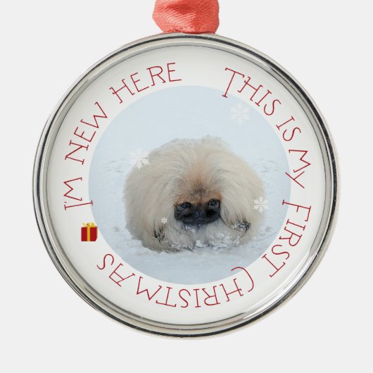 Pekingese Welppy First Christmas Silbernes Ornament (Vorne)