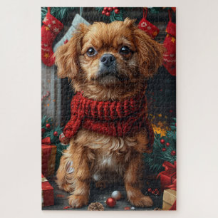 Pekingeser Hund mit Weihnachtsgeschenken Kamin Puzzle
