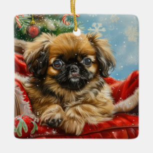 Pekingeser Hund Weihnachtsfestlich Keramikornament