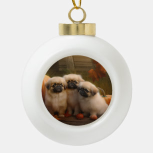 Pekingeser Welpe Autumn Delight Pumpkin Keramik Kugel-Ornament