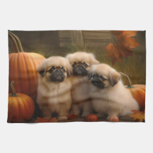 Pekingeser Welpe Herbstfreude Kürbis Geschirrtuch