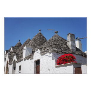 Pelargonie-Blumen und trulli Häuser in Alberobell Fotodruck