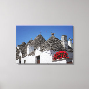 Pelargonie-Blumen und trulli Häuser in Alberobello Leinwanddruck