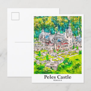 Peles Castle Rumänien Reisen Wasserfarben Handgeze Postkarte