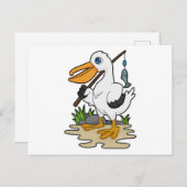 Pelican as Fisher mit Angelstab & Fisch Postkarte (Vorne/Hinten)