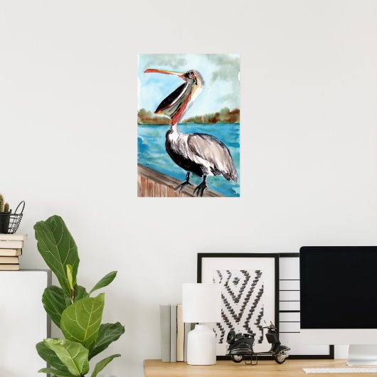 Pelican Bird auf einem Pier Poster (Heimbüro)