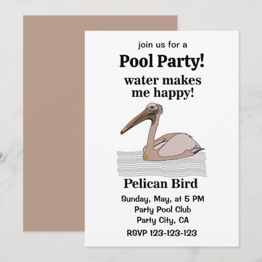 Pelican Bird Beach Pool Party Einladung (Vorne/Hinten)