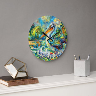 Pelican Bird in Wonderland Personalisiert Große Wanduhr