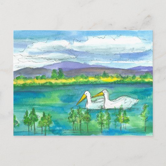 Pelican Birds Wüste Mountain Lake Watercolor Postkarte (Vorderseite)