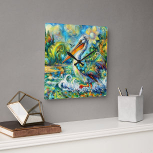 Pelican in Wonderland Blumengrün Gelb Quadratische Wanduhr