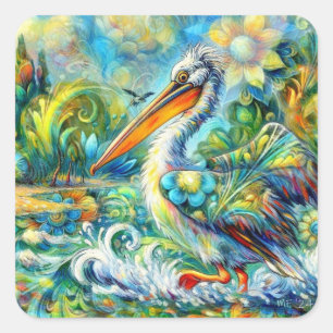 Pelican in Wonderland Blumengrün Gelb Quadratischer Aufkleber