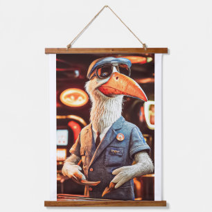 PELICAN KENO SPIEL ANKÜNDIGEN. MASKE WANDTEPPICH MIT HOLZRAHMEN
