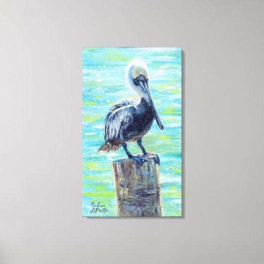 "Pelican on a Pole" Galerie Umrissene Canvas Print Leinwanddruck (Vorderseite)