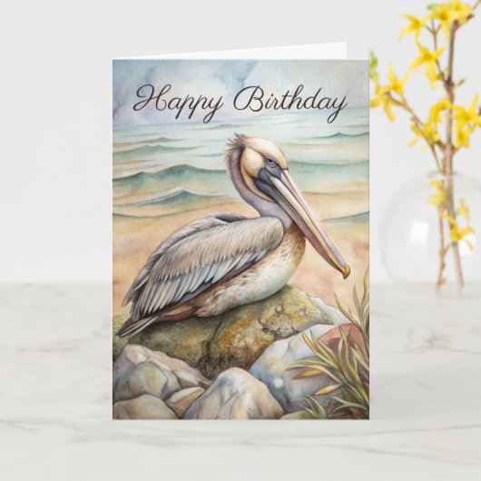 Pelican on Beach Birthday Card Karte (Gelbe Blume)