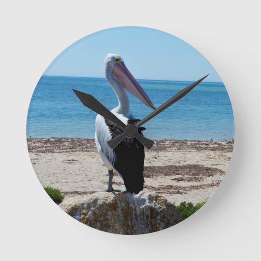 Pelican On Beach Rock, Runde Wanduhr (Vorderseite)