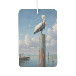 Pelikan an einem verwitterten Dockingpol Autolufterfrischer