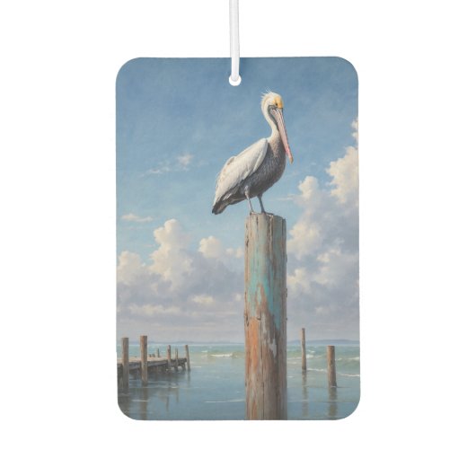 Pelikan an einem verwitterten Dockingpol Autolufterfrischer (Vorderseite)