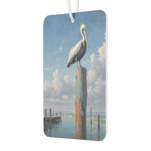 Pelikan an einem verwitterten Dockingpol Autolufterfrischer (Links)