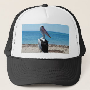 Pelikan auf Strandfelsen, Truckerkappe