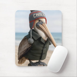 Pelikan mit Winterweste und Hut Mousepad