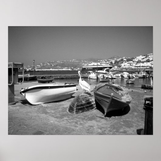 Pelikan und Boote (schwarz und weiß) Poster (Vorne)