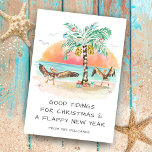 Pelikane & Palm Tropical Beach Küste Weihnachten<br><div class="desc">Die Weihnachtskarte am Ufer zeigt zwei pelikanische Seevögel,  die sich vor Freude beim Besichtigen eines Weihnachtsbaumes der Palmen und Geschenke am Strand auf ihre Flügel klopfen. Gruß sagt: "Gute Weihnachtstipps und ein flauschiges Neues Jahr". Der Gruß und Name kann personalisiert sein. Gute Ferien! Kunst von KL Stock.</div>