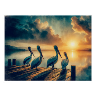 Pelikane schauen sich die Sonnenuntergangsdekoupag Poster