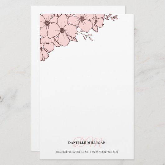 Pellrosa Blume Name Monogram Website Briefpapier (Vorne/Hinten)