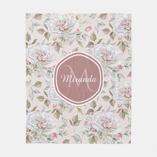 Pellrosa Rosenmuster mit Monogramm und Name Fleecedecke (Vorderseite)