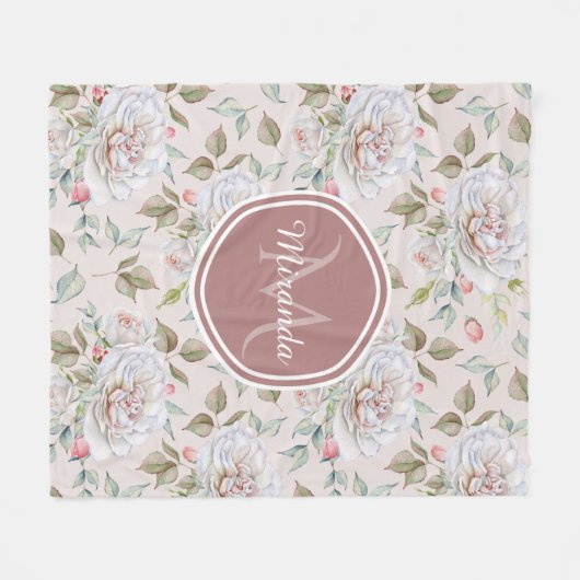 Pellrosa Rosenmuster mit Monogramm und Name Fleecedecke (Vorderseite (Horizontal))