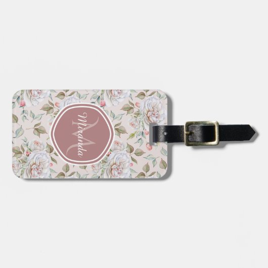 Pellrosa Rosenmuster mit Monogramm und Name Gepäckanhänger (Vorderseite horizontal)