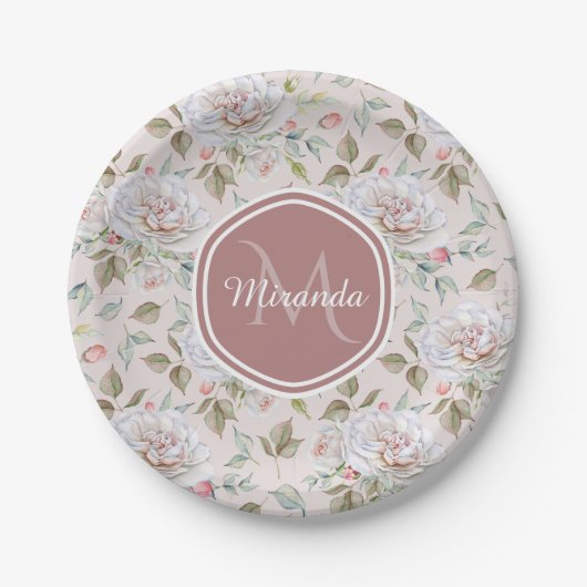 Pellrosa Rosenmuster mit Monogramm und Name Pappteller (Vorderseite)