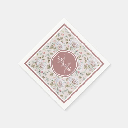 Pellrosa Rosenmuster mit Monogramm und Name Serviette (Ecke)