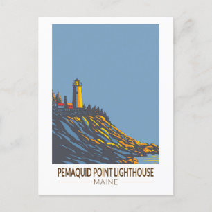 Pemaquid Point Lighthouse Maine Travel Art Vintag Postkarte