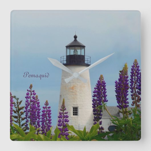 Pemaquid Point Plum Bristol Maine Leuchtturm Quadratische Wanduhr (Vorderseite)
