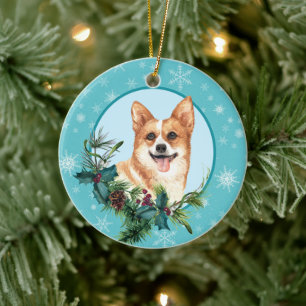 Pembroke Corgi Evergreen Blue Snowflake Border Keramik Ornament